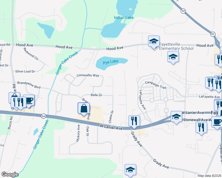 map of restaurants, bars, coffee shops, grocery stores, and more near 280 Chase Drive in Fayetteville