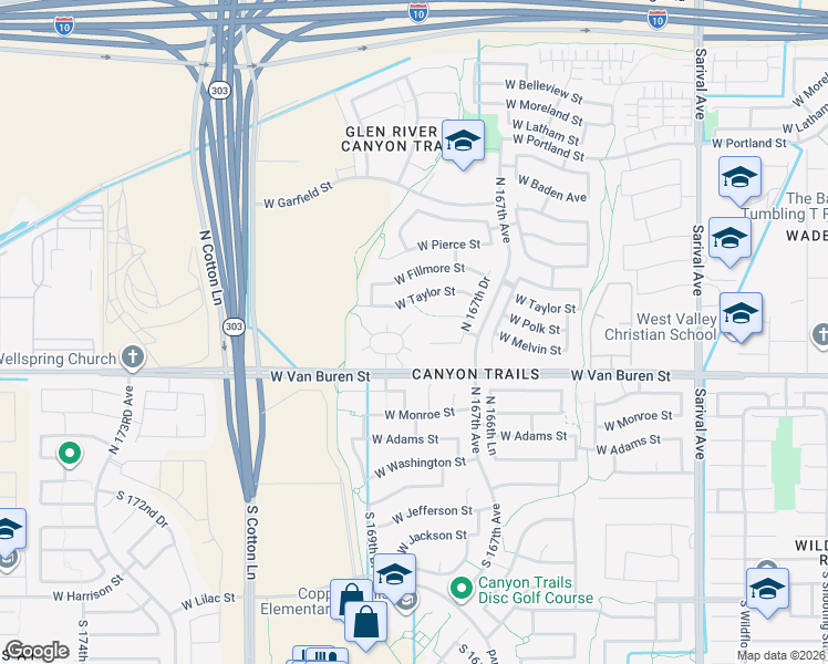 map of restaurants, bars, coffee shops, grocery stores, and more near 411 North 168th Drive in Goodyear
