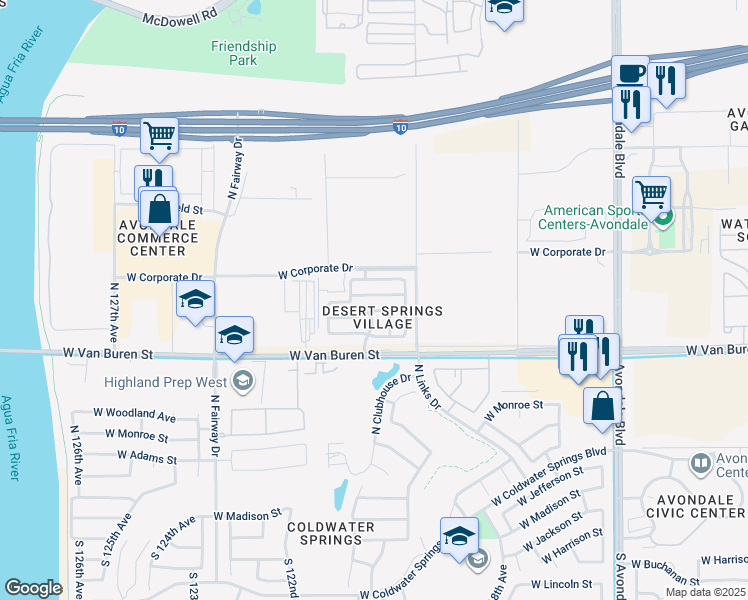 map of restaurants, bars, coffee shops, grocery stores, and more near 11991 West Fillmore Street in Avondale