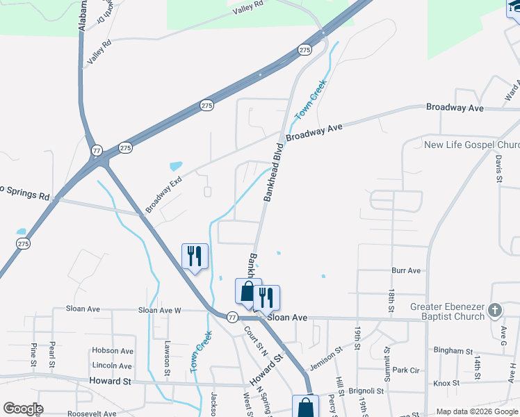 map of restaurants, bars, coffee shops, grocery stores, and more near 908 Bankhead Boulevard in Talladega