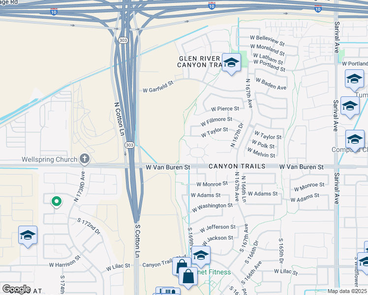 map of restaurants, bars, coffee shops, grocery stores, and more near 428 North 169th Avenue in Goodyear