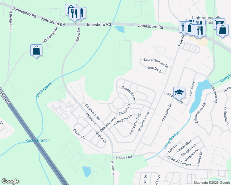 map of restaurants, bars, coffee shops, grocery stores, and more near 117 Emporia Loop in McDonough