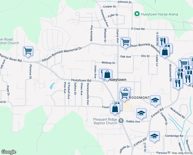 map of restaurants, bars, coffee shops, grocery stores, and more near 101 Jones Avenue in Bessemer