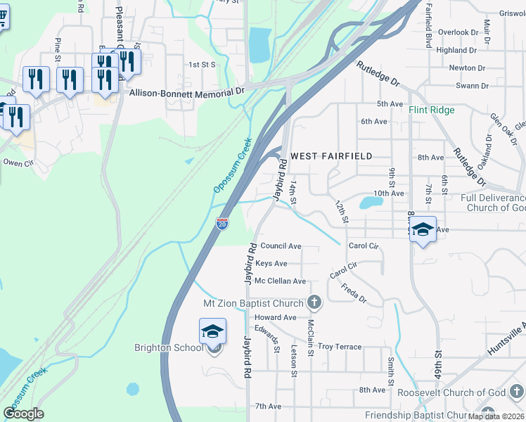 map of restaurants, bars, coffee shops, grocery stores, and more near 1204 15th Street in Birmingham