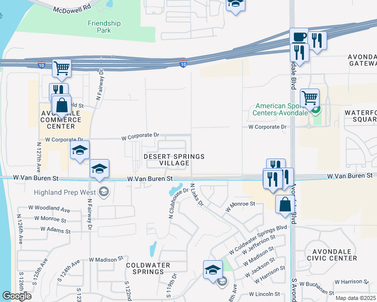 map of restaurants, bars, coffee shops, grocery stores, and more near 513 North 119th Drive in Avondale
