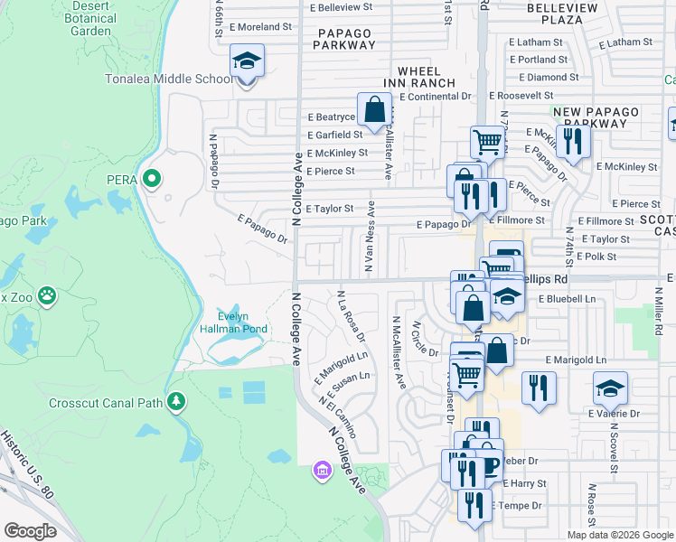 map of restaurants, bars, coffee shops, grocery stores, and more near 2007 North Squire Avenue in Tempe