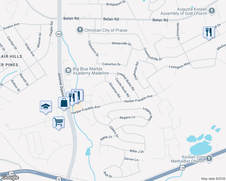 map of restaurants, bars, coffee shops, grocery stores, and more near 4413 Silverton Road in Augusta