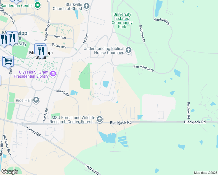 map of restaurants, bars, coffee shops, grocery stores, and more near 195 Misty Lee Lane in Starkville