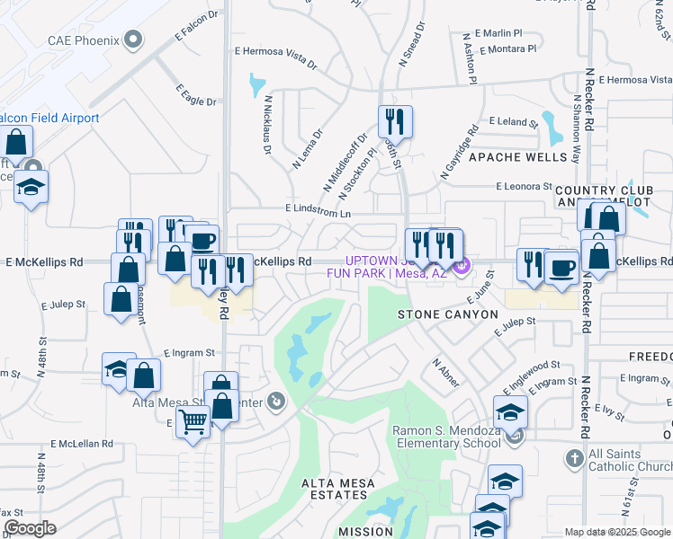 map of restaurants, bars, coffee shops, grocery stores, and more near 5445 East McKellips Road in Mesa