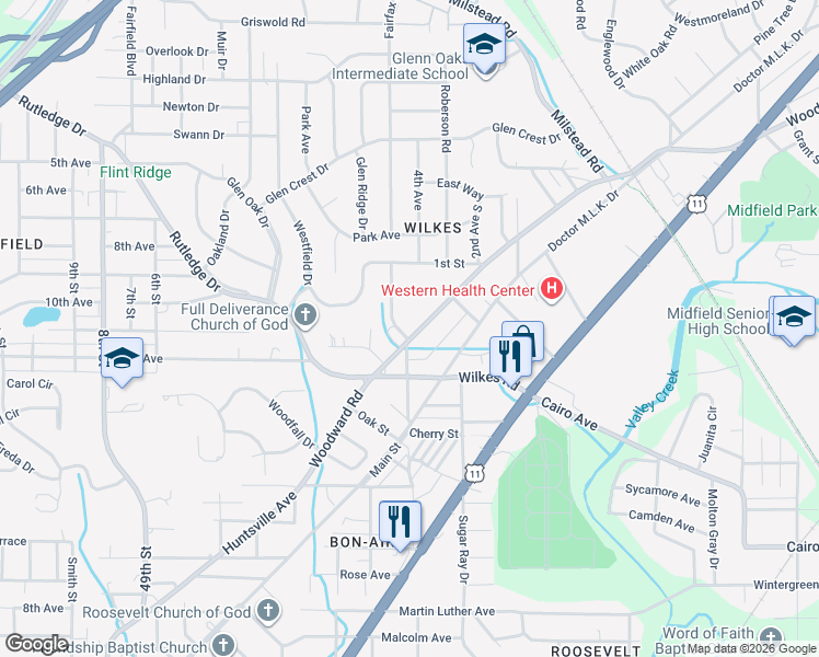 map of restaurants, bars, coffee shops, grocery stores, and more near 1023 Woodward Road in Midfield