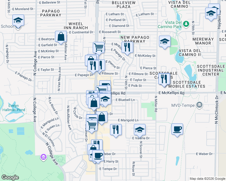 map of restaurants, bars, coffee shops, grocery stores, and more near 7250 East McKellips Road in Scottsdale
