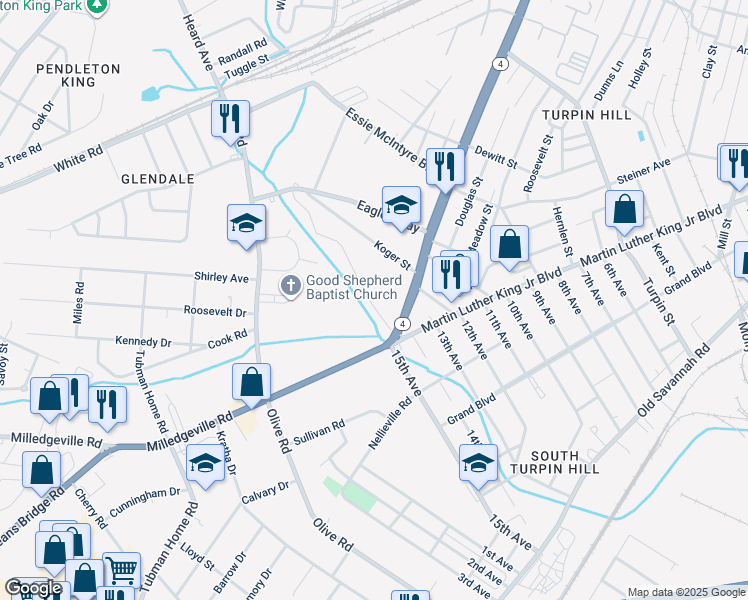 map of restaurants, bars, coffee shops, grocery stores, and more near 1507 Wooten Road in Augusta