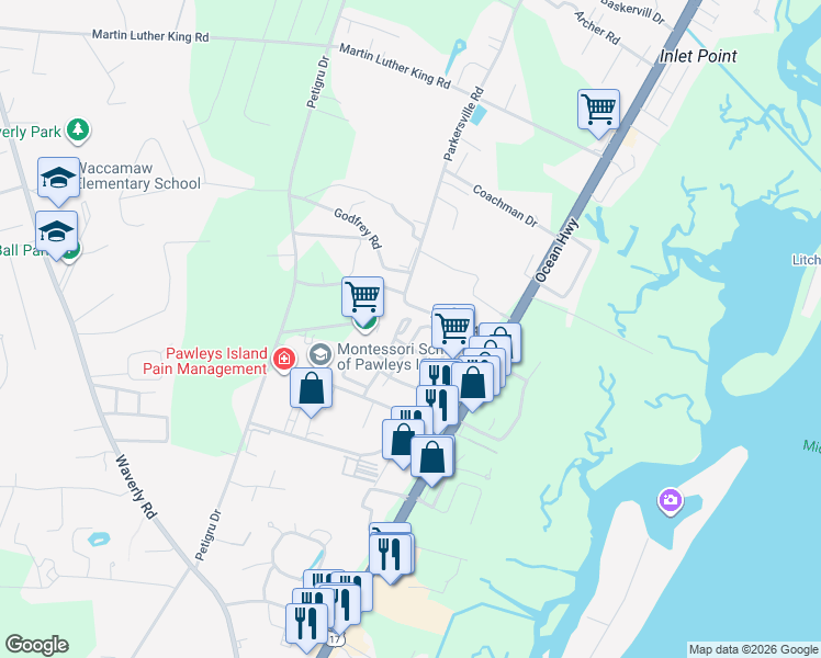 map of restaurants, bars, coffee shops, grocery stores, and more near 63 Pembroke Lane in Pawleys Island