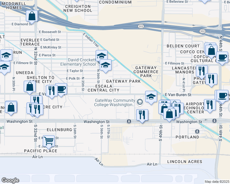 map of restaurants, bars, coffee shops, grocery stores, and more near 3702 East Van Buren Street in Phoenix