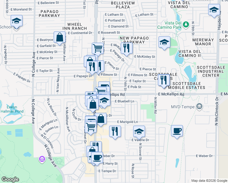 map of restaurants, bars, coffee shops, grocery stores, and more near 7250 East McKellips Road in Scottsdale