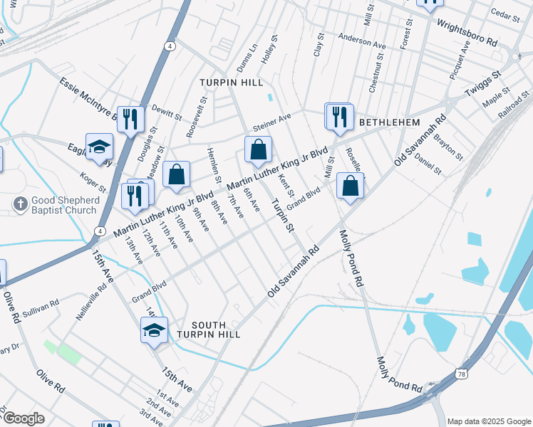 map of restaurants, bars, coffee shops, grocery stores, and more near 1106 6th Avenue in Augusta