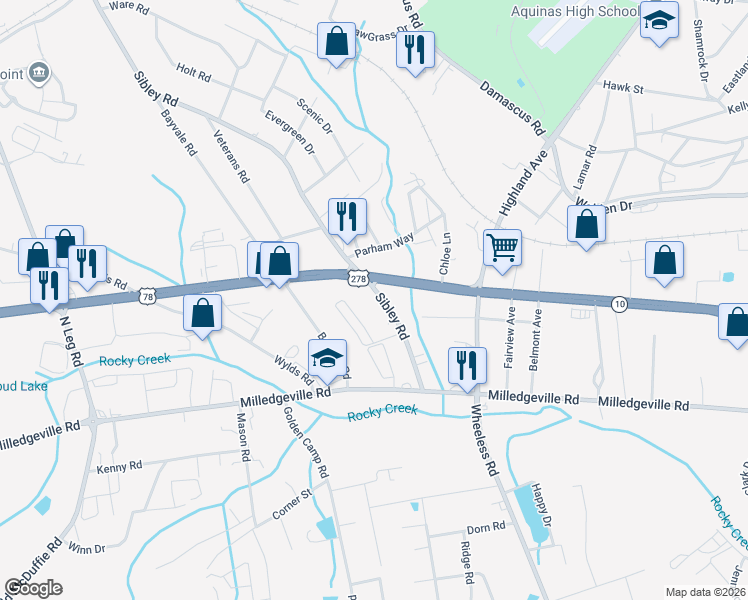 map of restaurants, bars, coffee shops, grocery stores, and more near 2244 Sibley Road in Augusta