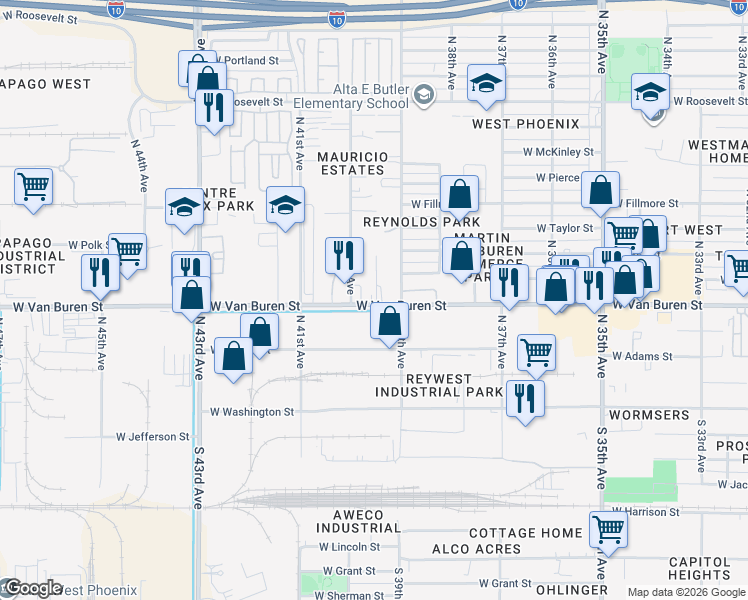 map of restaurants, bars, coffee shops, grocery stores, and more near 3914 West Van Buren Street in Phoenix