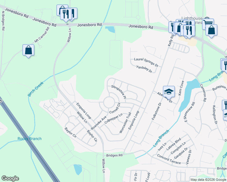 map of restaurants, bars, coffee shops, grocery stores, and more near 2424 Cornell Circle in McDonough