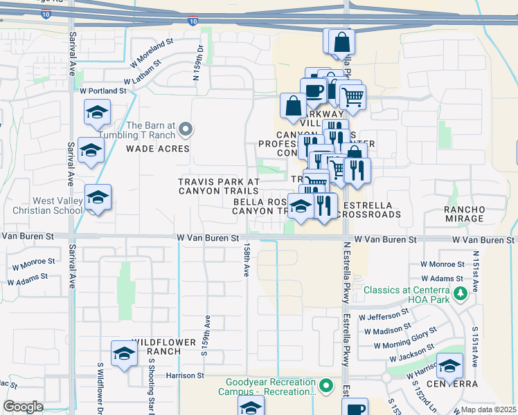 map of restaurants, bars, coffee shops, grocery stores, and more near 381 North 157th Drive in Goodyear