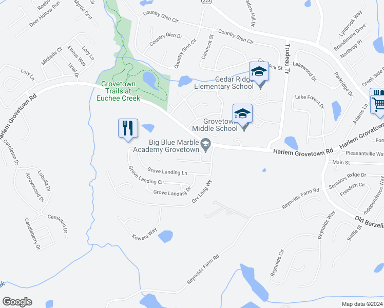 map of restaurants, bars, coffee shops, grocery stores, and more near 813 Landing Drive in Grovetown