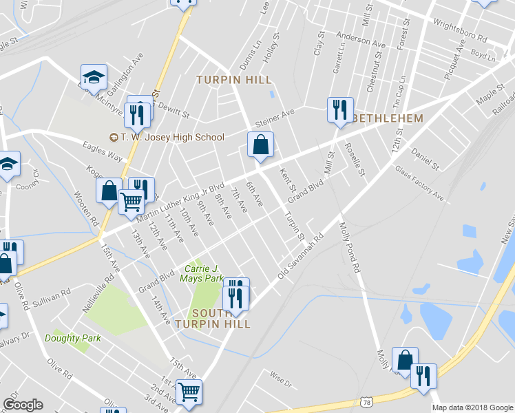map of restaurants, bars, coffee shops, grocery stores, and more near 1106 6th Avenue in Augusta