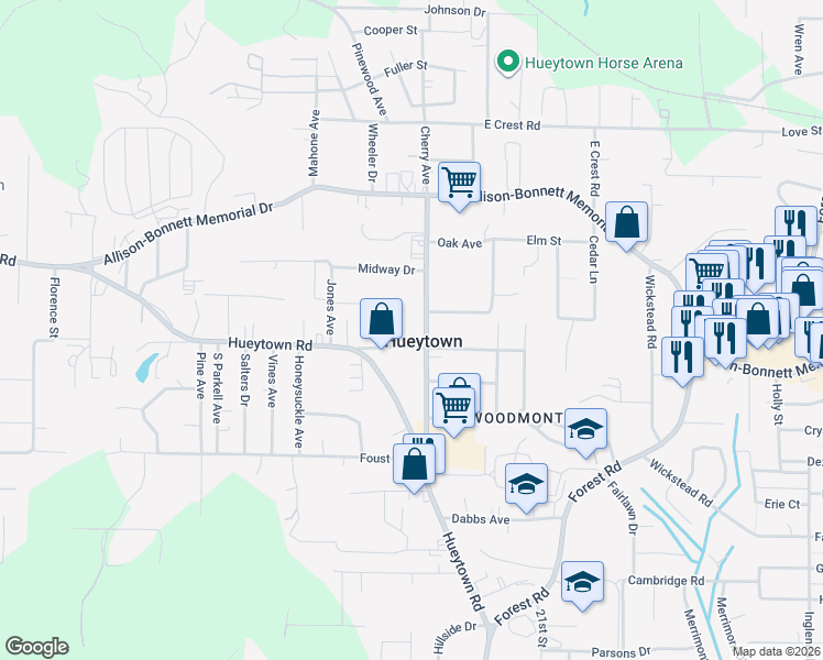 map of restaurants, bars, coffee shops, grocery stores, and more near in Hueytown