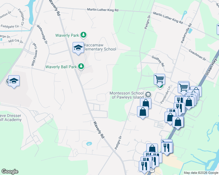 map of restaurants, bars, coffee shops, grocery stores, and more near 210 Sherman Road in Pawleys Island