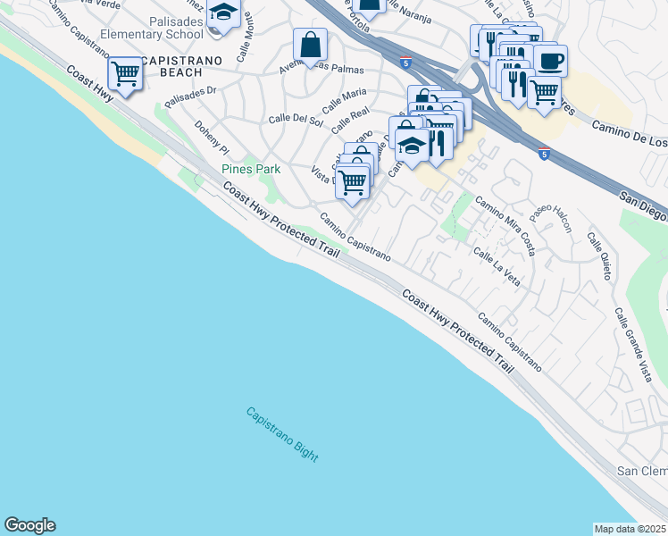 map of restaurants, bars, coffee shops, grocery stores, and more near 35177 Beach Road in Dana Point