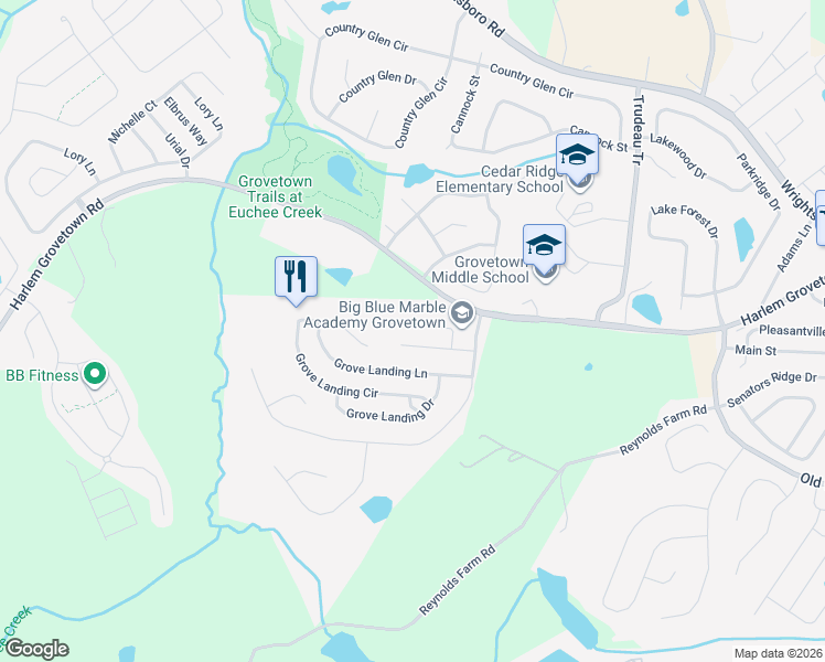map of restaurants, bars, coffee shops, grocery stores, and more near 829 Landing Drive in Grovetown