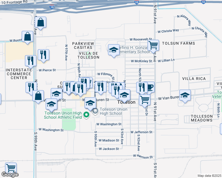 map of restaurants, bars, coffee shops, grocery stores, and more near 9360 West Polk Street in Tolleson