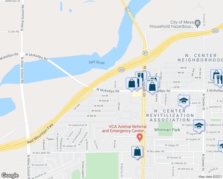map of restaurants, bars, coffee shops, grocery stores, and more near 626 West McKellips Road in Mesa