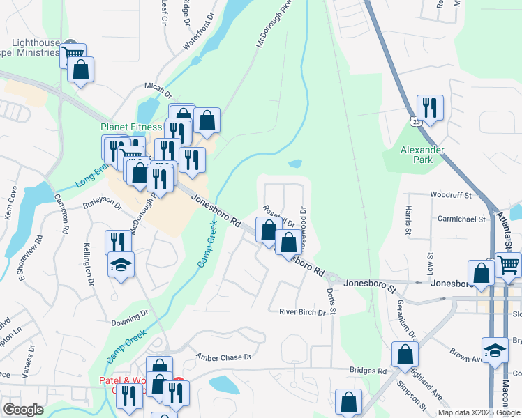 map of restaurants, bars, coffee shops, grocery stores, and more near 410 Rosehill Drive in McDonough