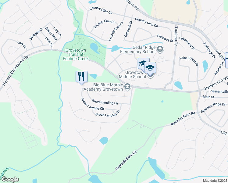 map of restaurants, bars, coffee shops, grocery stores, and more near 829 Landing Drive in Grovetown