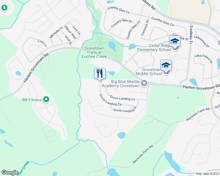 map of restaurants, bars, coffee shops, grocery stores, and more near 3419 Grove Landing Circle in Grovetown