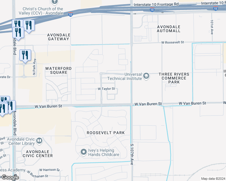 map of restaurants, bars, coffee shops, grocery stores, and more near 10825 West Taylor Street in Avondale