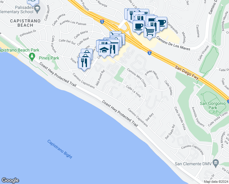 map of restaurants, bars, coffee shops, grocery stores, and more near 35230 Camino Capistrano in Dana Point