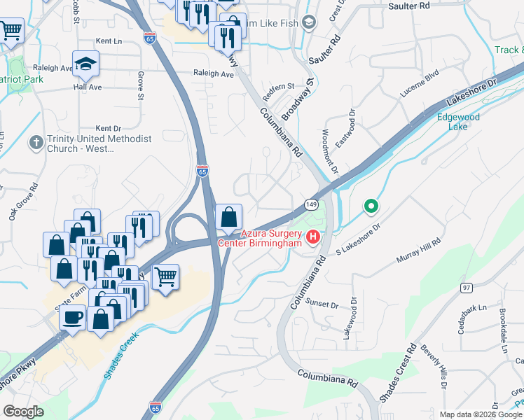map of restaurants, bars, coffee shops, grocery stores, and more near 1204 Ivy Brook Circle in Birmingham