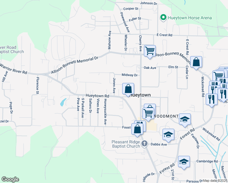 map of restaurants, bars, coffee shops, grocery stores, and more near 101 Jones Avenue in Bessemer
