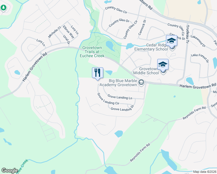 map of restaurants, bars, coffee shops, grocery stores, and more near 3419 Grove Landing Circle in Grovetown