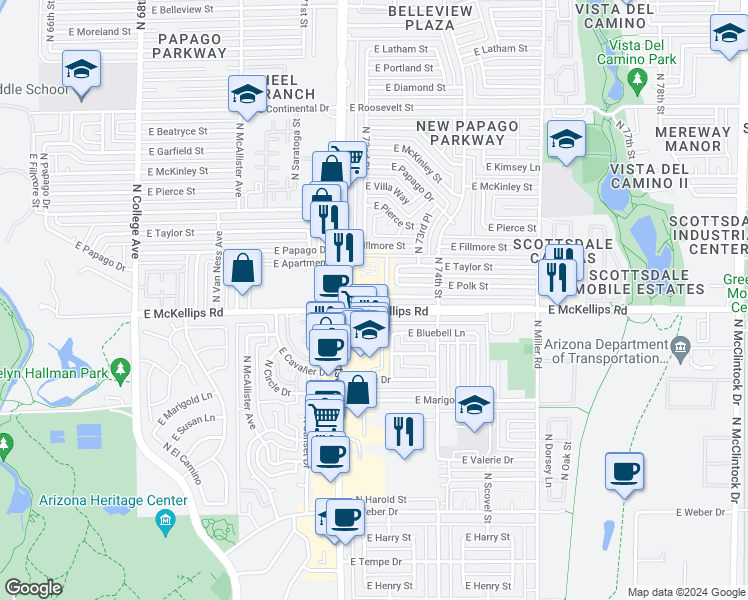 map of restaurants, bars, coffee shops, grocery stores, and more near 301 North Scottsdale Road in Scottsdale
