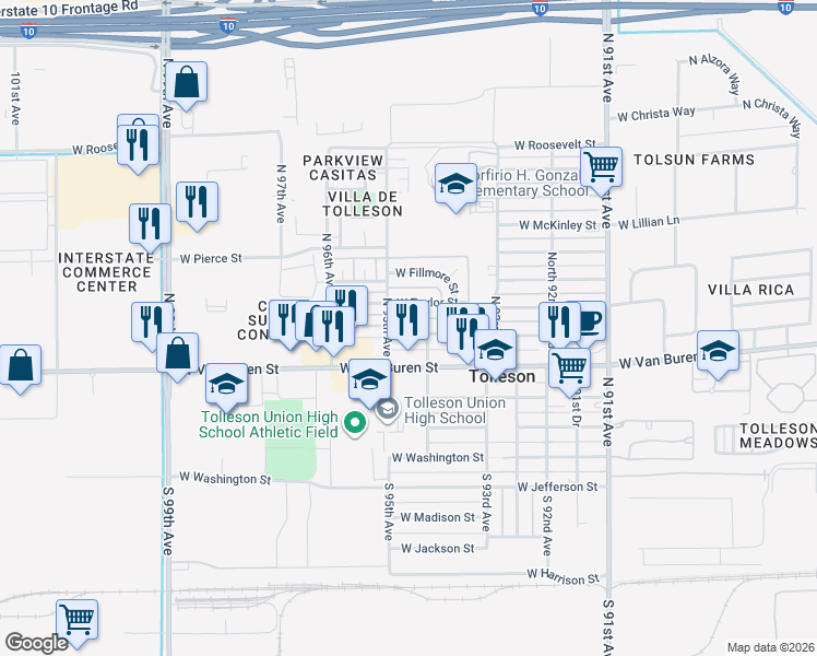 map of restaurants, bars, coffee shops, grocery stores, and more near 9408 West Polk Street in Tolleson