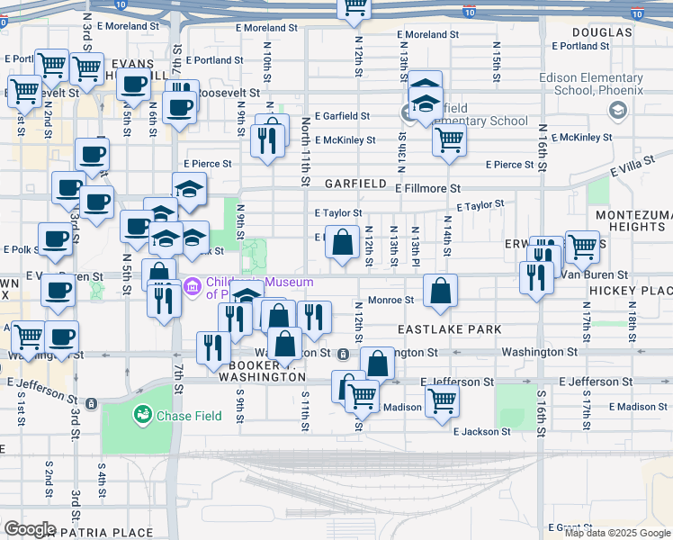 map of restaurants, bars, coffee shops, grocery stores, and more near 1134 East Van Buren Street in Phoenix