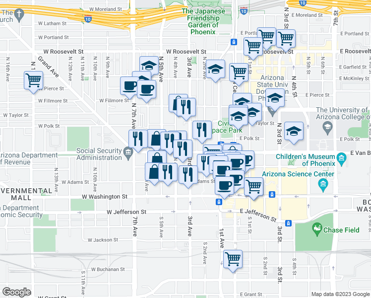 map of restaurants, bars, coffee shops, grocery stores, and more near 302 West Van Buren Street in Phoenix
