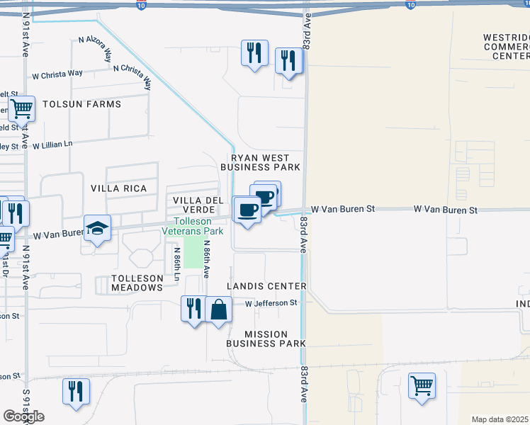 map of restaurants, bars, coffee shops, grocery stores, and more near 8400 West Van Buren Street in Tolleson