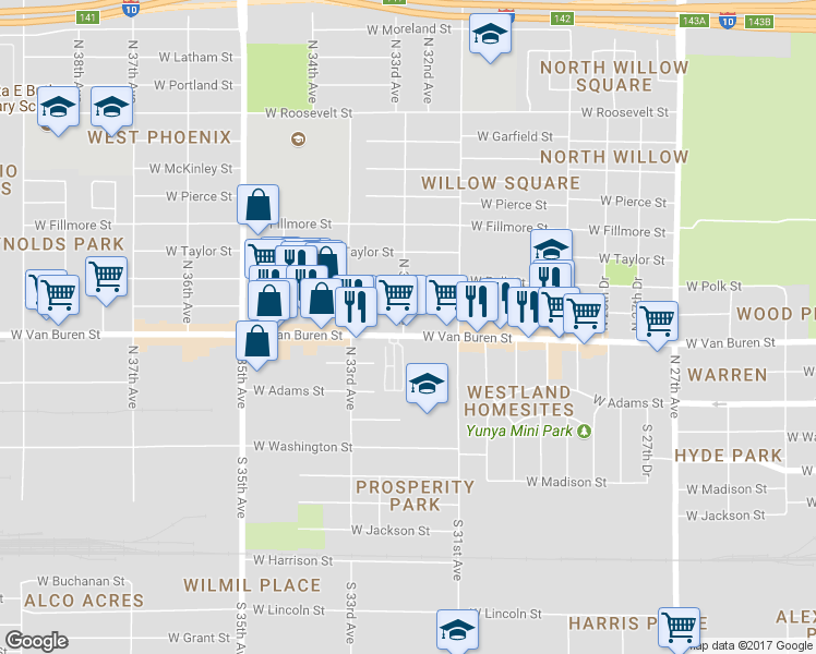 map of restaurants, bars, coffee shops, grocery stores, and more near 3146 W Van Buren St in Phoenix