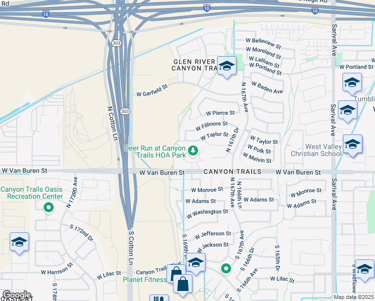 map of restaurants, bars, coffee shops, grocery stores, and more near 470 North 168th Lane in Goodyear