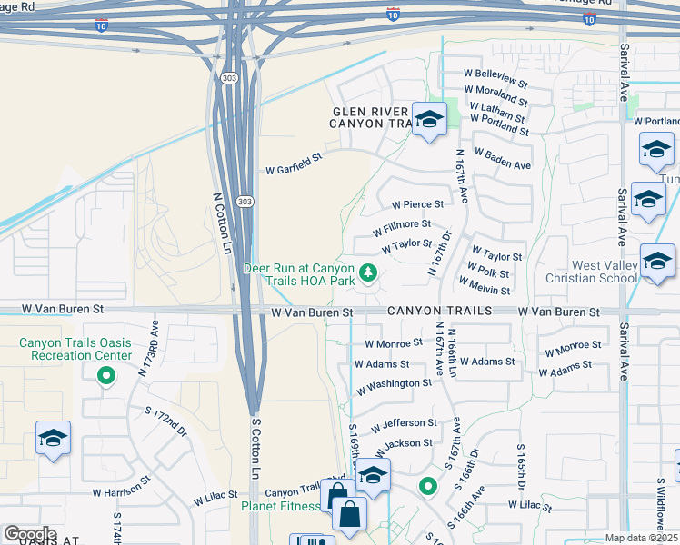 map of restaurants, bars, coffee shops, grocery stores, and more near 428 North 169th Avenue in Goodyear