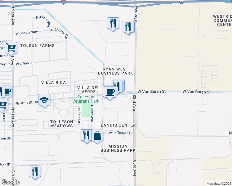 map of restaurants, bars, coffee shops, grocery stores, and more near 8400 West Van Buren Street in Tolleson
