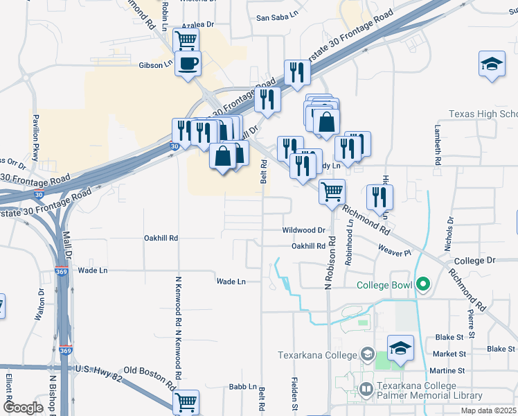 map of restaurants, bars, coffee shops, grocery stores, and more near 625 Belt Road in Texarkana